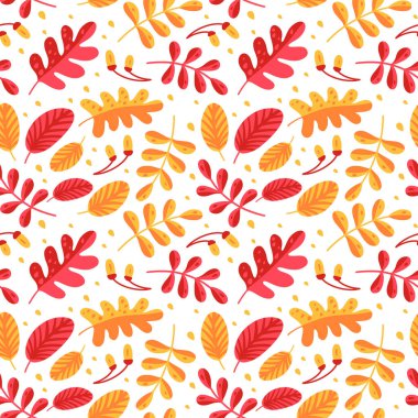 Kırmızı ve turuncu sonbahar yapraklı kusursuz desen. Hediye kağıdı için eşsiz tasarım, doldurma çizimleri, arkaplan web sayfaları, sonbahar tebrik kartları.