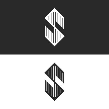 Altıgen şekil S harfi logo doğrusal açısal sembol, modern çizgili monogram kimlik amblem veya vektör ilk simgesi