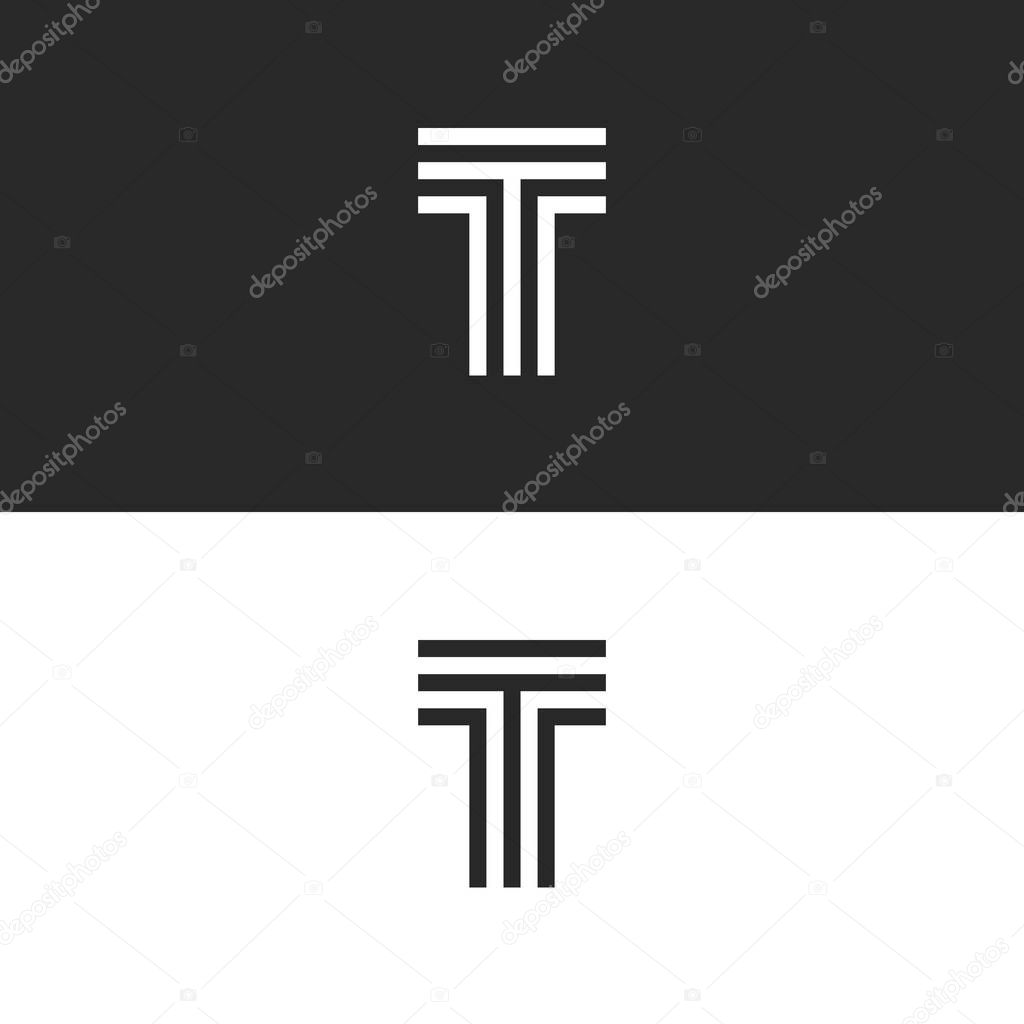 Simplest logo T letter monogram, capital letter initial linear minimal style typography design element, black and white parallel lines creative mark