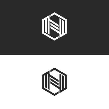Logo N harfi monogram geometrik şekli bir altıgen, teknolojik bir sembol siyah beyaz paralel çizgiler oluşturur. Alfabe simgesi.