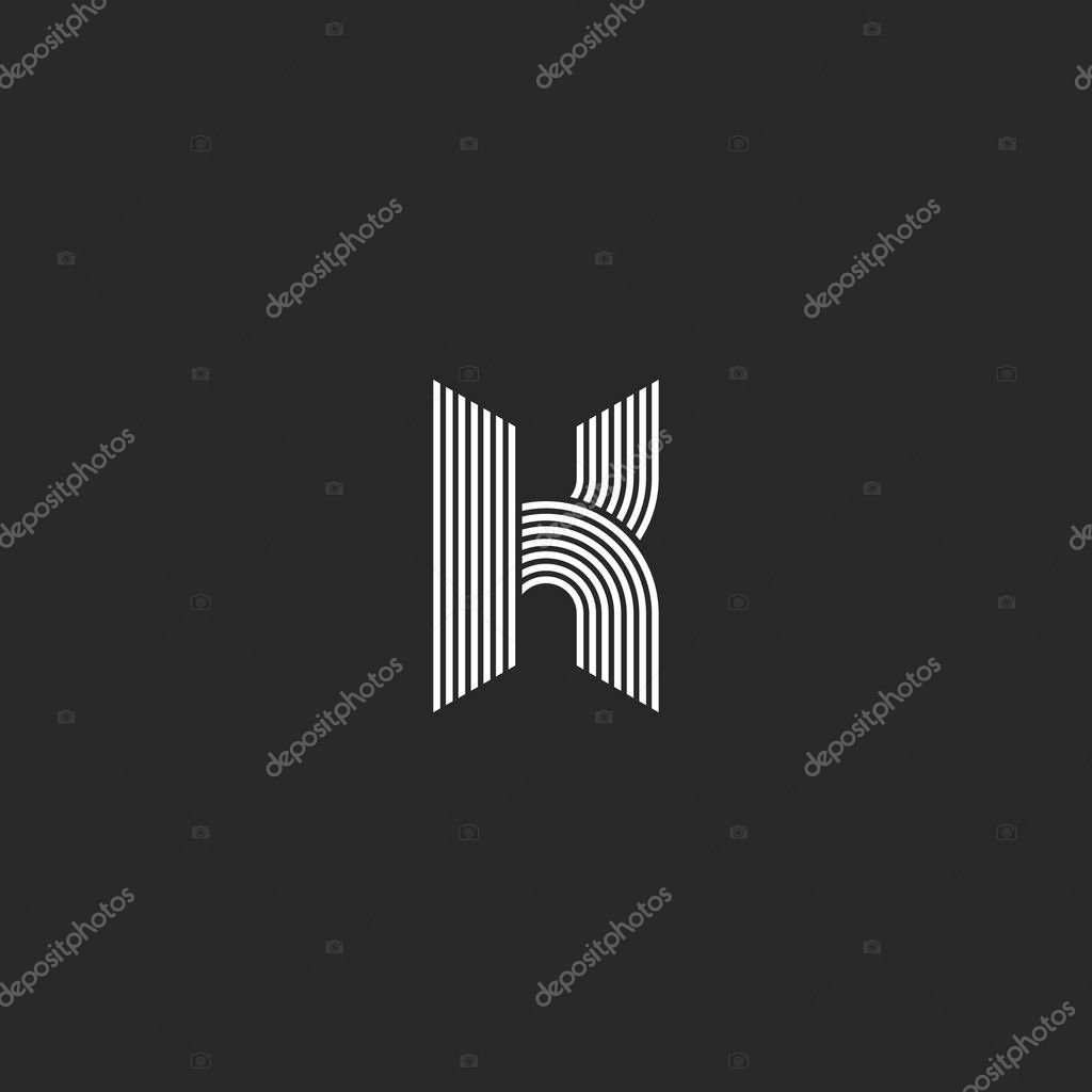 K letter logo monogram mockup, black and white initial emblem, offset smooth thin lines geometric shapes