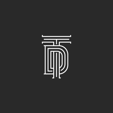 Logo, iki çapraz harfler T ve D, düğün amblemi doğrusal sanat ortaçağ tarzı Monogram Td veya Dt adının baş harfleri