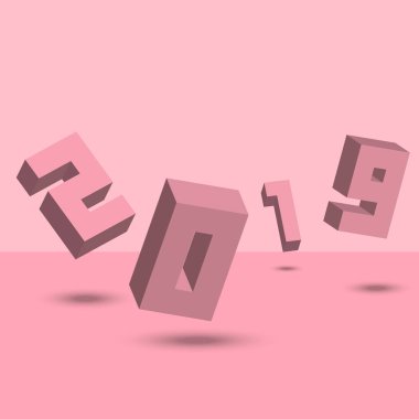 Mutlu yeni yıl tarihi takvim kapak mockup pembe noktalı resim numarasını 2019 izometrik basamak. Yukarıdan düşen bloklar. tebrik kartı, afiş, poster, afiş, tipografi için 3D tasarım şablonu.