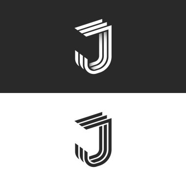 İzometrik yazı tipi ilk monogram, siyah ve beyaz gölge gradyan ile 3d geometrik paralel çizgiler şeklinde logosu J harfi. Yaratıcı modern Jjj perspektif amblemi tipografi tasarım öğesi.