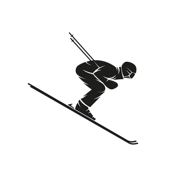 急な坂 極端なスラロームの冬のスポーツのロゴ シャツ プリント エンブレム モックアップをスキー場でダウンヒル スキーヤーのシルエット — ストックベクタ