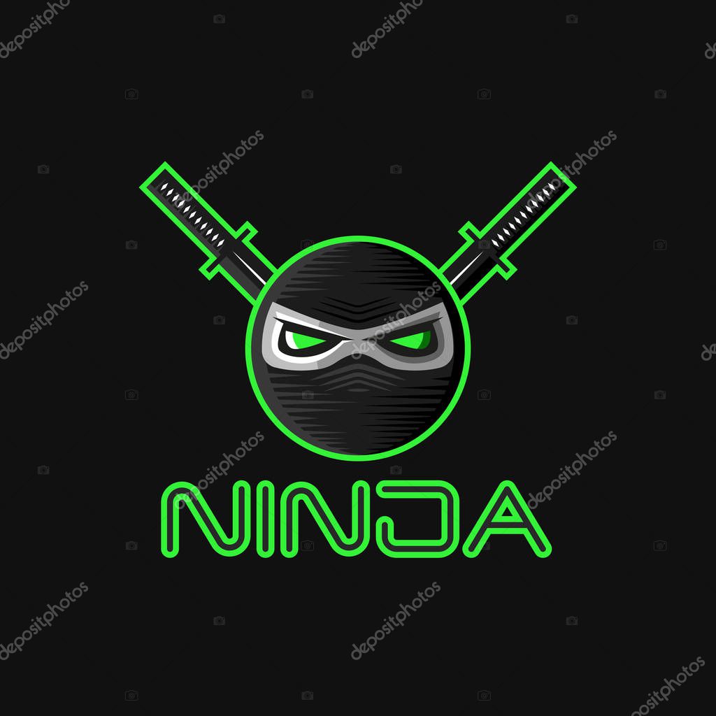 Ninja superhero mask logo for a sports team mascot, Japanese character warrior head with big green evil eyes and two katana swords