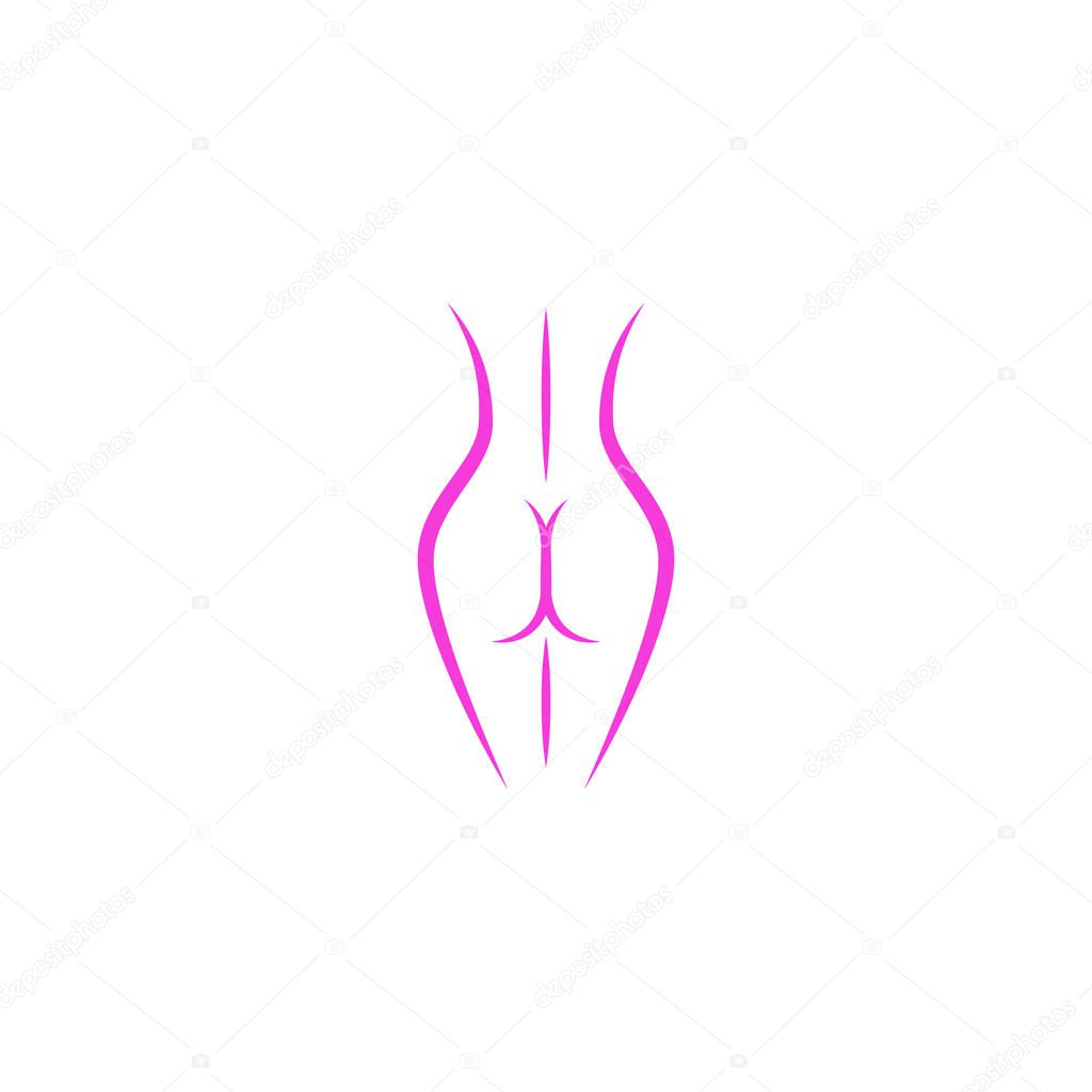 Beautiful slim lady figure of the logo in delicate pink thin lines back view, an attractive abstract shape of the female nude body, for plastic surgery of the ass icon