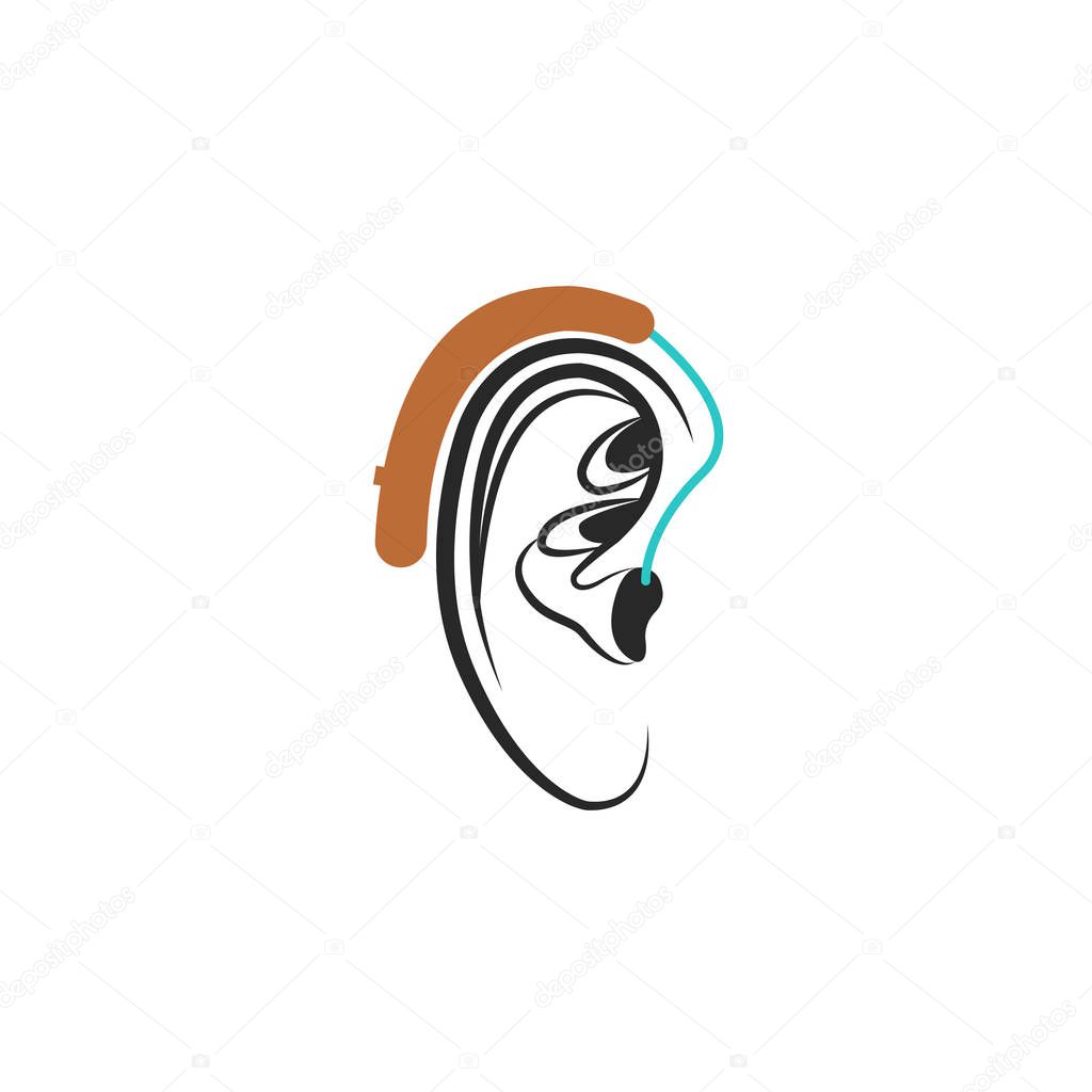 Hearing aid ear icon, medical vector illustration about hearing loss in humans