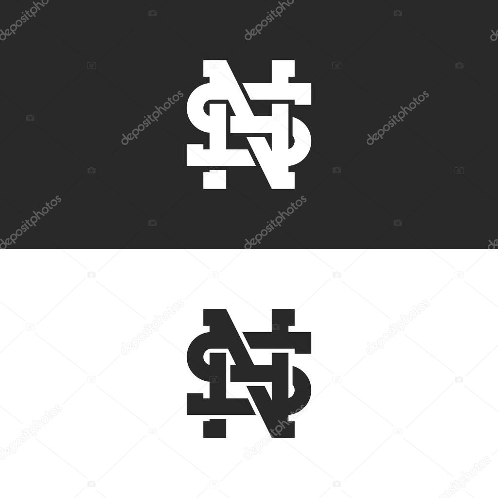 Combination SN or NS logo letters hipster monogram, overlapping weaving symbols S, N and H initials together, creative idea wedding emblem mockup