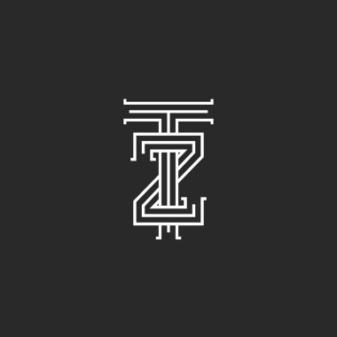Letters logo TZ linear medieval monogram template, overlapping thin lines design ZT creative mark design mark, two letters T and Z combination clipart