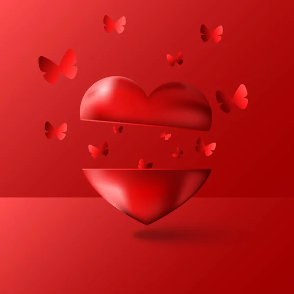 情人节快乐贺卡是一个空白的模型3D 爱安装向量插图 许多蝴蝶飞出一个红色的棺材在一个心脏的形状 — 图库矢量图片