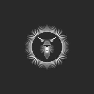 Kafa aslan logo monogram satırları sanat minimalist tarzı, predator yele yuvarlak bir çerçeve, bir dövme ya da etiket için bir fikir şeklinde