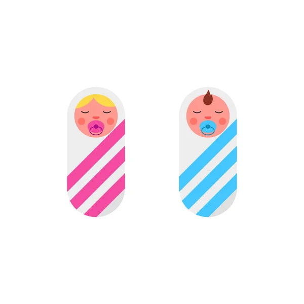 Sleeping newborns boy and girl twins with pacifier or dummy wrapped in swaddling clothes with pink and blue ribbon