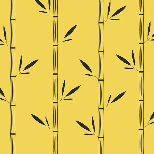 Stalks of bamboo with leaves creative oriental pattern black vector illustration on a yellow background — Stock Vector