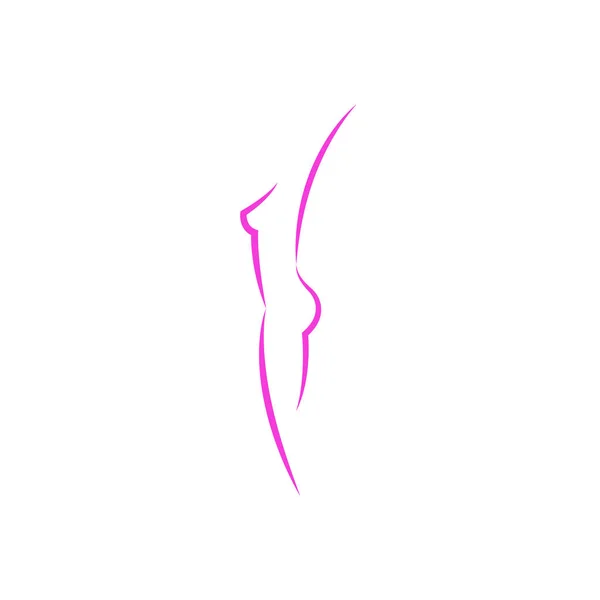 Corpo de logotipo da senhora para salão de spa, figura slim feminino abstrato em linhas finas rosa, silhueta sutil de nu jovem vista lateral —  Vetores de Stock