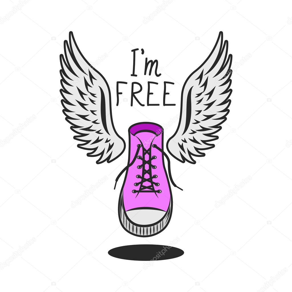Pink shoe with wings and handwritten inscription slogan I am free, trendy youth graphic print on a t-shirt for a girl