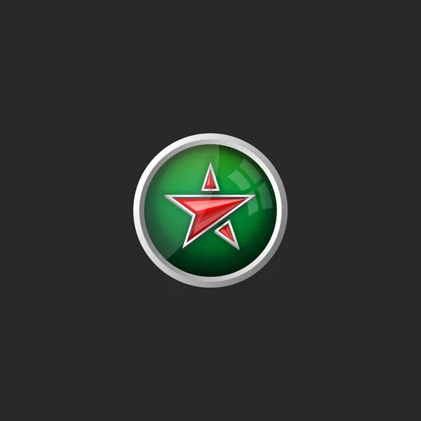 Botão de vidro da moda com ícone de estrela vermelha no fundo verde para design de decoração de celebração. Sucesso recompensa vetor ilustração . — Vetor de Stock