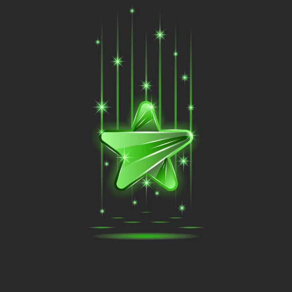 Uma estrela brilhante de plástico brilhante ou verde de vidro nos raios de luz de néon e faíscas, um branco para o vencedor de uma competição ou um prêmio de música . — Vetor de Stock