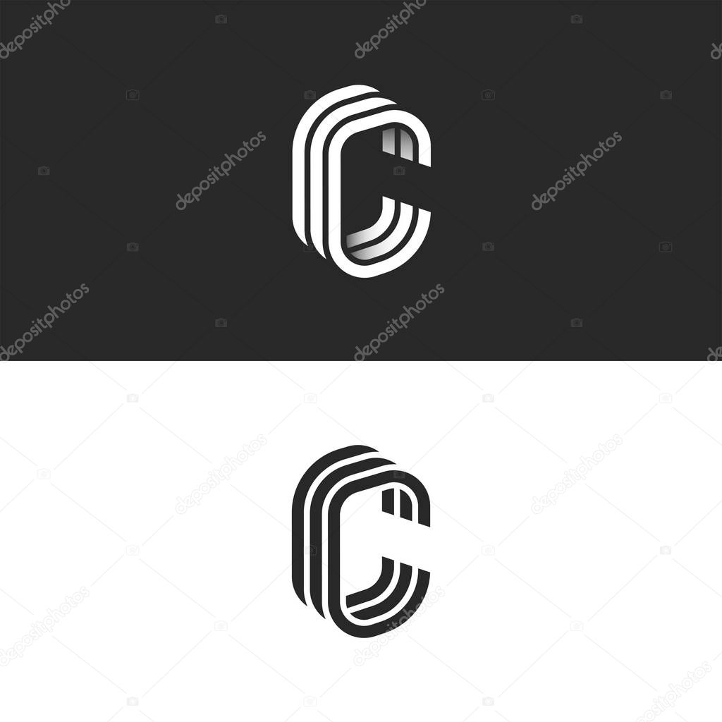 Isometric C letter logo mockup, modern trendy linear design, black and white smooth lines CCC typography emblem