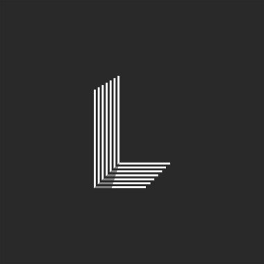 Isometric şekil harf L logo birçok paralel ince çizgiler geometrik form, yaratıcı çizgiler amblem