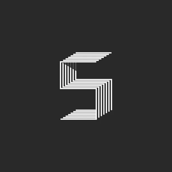 Izometrikus levél S betű Monogram vagy 3D alak 5 szám, fekete-fehér vékony vonalak kreatív embléma — Stock Vector