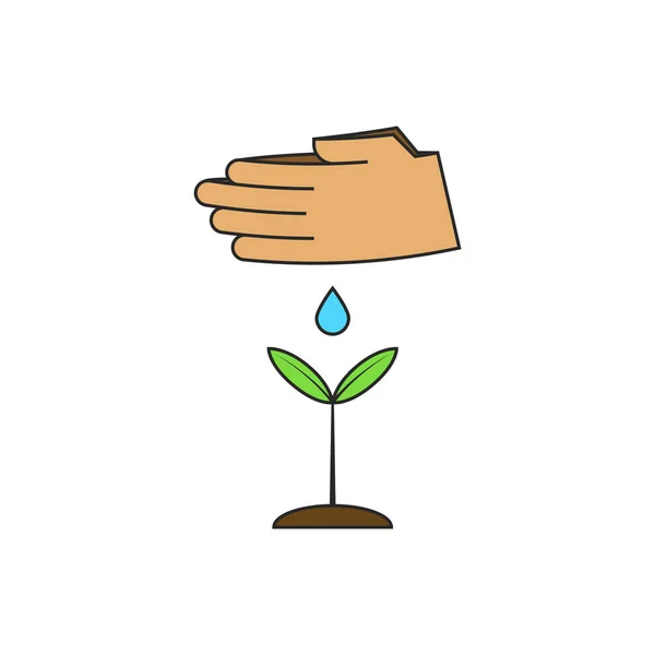 Tangan manusia menyiram tanaman muda. Ilustrasi vektor pada tema pemulihan hutan dunia. Pertumbuhan bibit dan penghijauan konsep lingkungan eco . - Stok Vektor