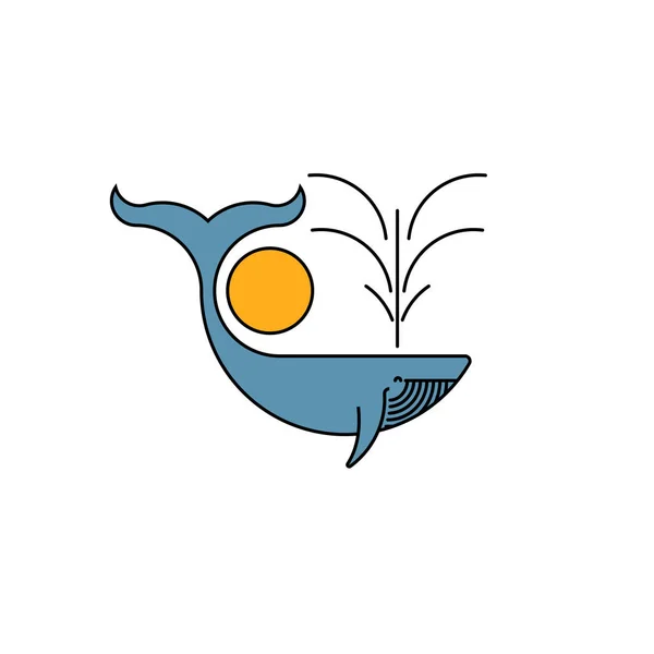 Logo de ballena azul tipografía creativa emblema gráfico, ballena jorobada con una fuente de agua y el sol ilustración simple — Archivo Imágenes Vectoriales