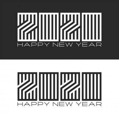 Set monogram Logo 2020 numarası ve metin Happy New Year siyah ve beyaz renkler, minimal stil lineer amblem, tipografi tebrik kartı veya takvim kapağı için tasarım elemanı