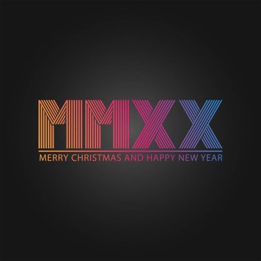 Happy New Year ve Merry Christmas sloganı numarası 2020 logo Roma rakamları (Mmxx), orijinal bir tebrik kartı veya poster, afiş, parti davetiyeamblelineer monogram, modern degrade renk.