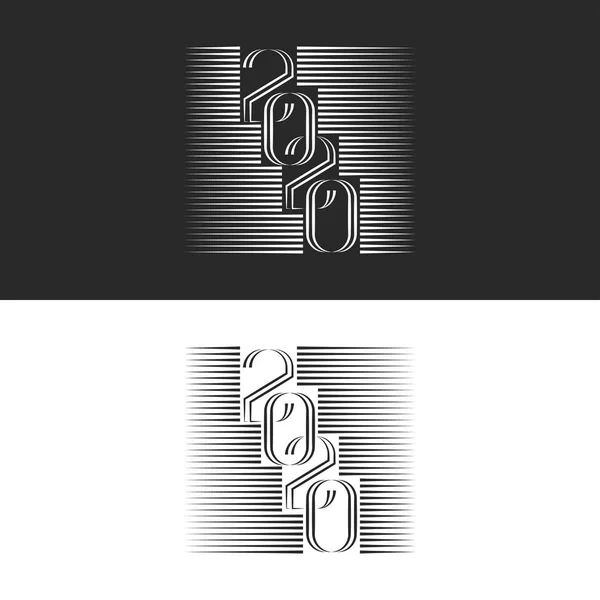Kalligrafie monogram logo 2020 nummer, gelukkig Nieuwjaar embleem, zwart-wit kleuren lijnen vierkante vorm, minimalistische stijl lineaire ontwerpelement voor typografie poster, banner of kalender cover instellen — Stockvector