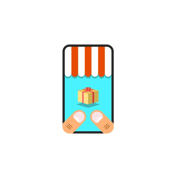 Online-Handelskonzept, Kauf von Waren im Online-Shop eine Person hält ein Smartphone in der Hand auf dem Bildschirm ein Vordach eines abstrakten Geschäfts mit einer Schachtel des gekauften Produkts — Stockvektor