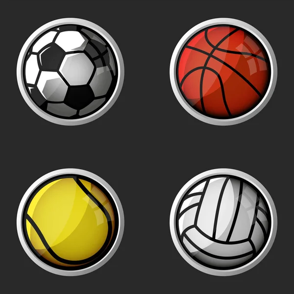 Ensemble d'équipement de sport icônes 3d, balles de collection football, volley-ball, basket-ball, tennis formes rondes symboles — Image vectorielle