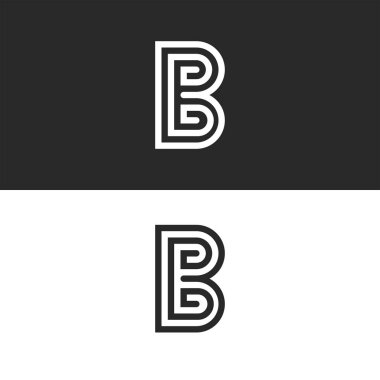 Monogram b harfi logo seti, siyah beyaz doğrusal tasarım tipografi elemanı, labirent desen şekli