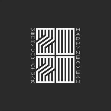 Logo 2020 monogram numarası ve metin Merry Christmas Happy New Year siyah ve beyaz renkler, minimalist stil amblemi, tipografi tebrik posteri veya takvim kapağı için doğrusal tasarım elemanı