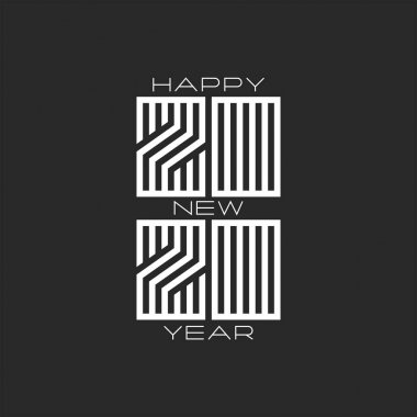 Monogram 2020 logo hipster numarası ve metin Happy New Year siyah beyaz renkler, tipografi afiş veya takvim kapağı için tasarım elemanı