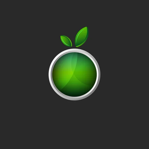 Logo pomme verte avec feuilles 3d fruit icône créative dans le cadre métallique de style de conception matérielle avec verre — Image vectorielle