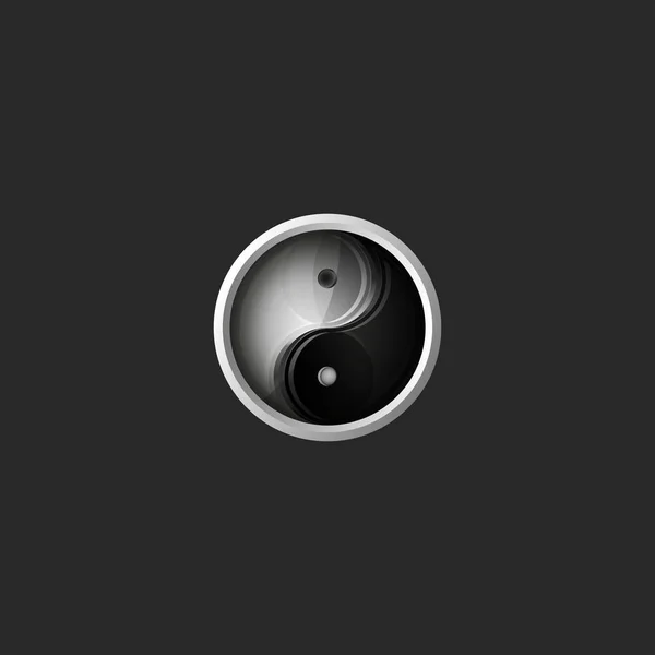 Инь и Ян Китайский философский баланс символ, круглый 3d значок, стеклянный металл рамка, гармония дизайн логотипа элемент макет — стоковый вектор