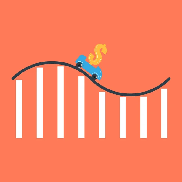Interest rate reduction or dollar depreciation conceptual financial illustration, rollercoaster cart with a dollar sign on a roller coaster in the form of a financial report graph — Stock Vector