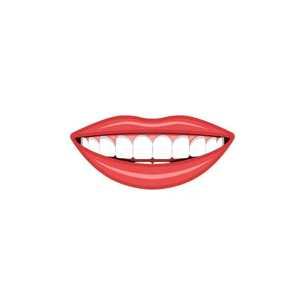 Boca menina sorridente com lábios vermelhos brilhantes e dentes brancos isolados em um fundo branco. Ilustração para uma clínica odontológica ou indústria de beleza . —  Vetores de Stock