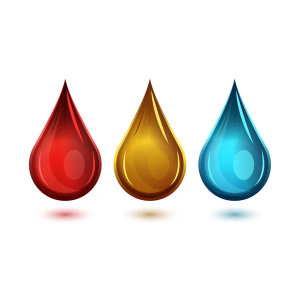 Conjunto de gotas realistas de vários líquidos e substâncias de vermelho, azul e marrom-mel, elementos de design 3D brilhantes para produtos fluidos —  Vetores de Stock