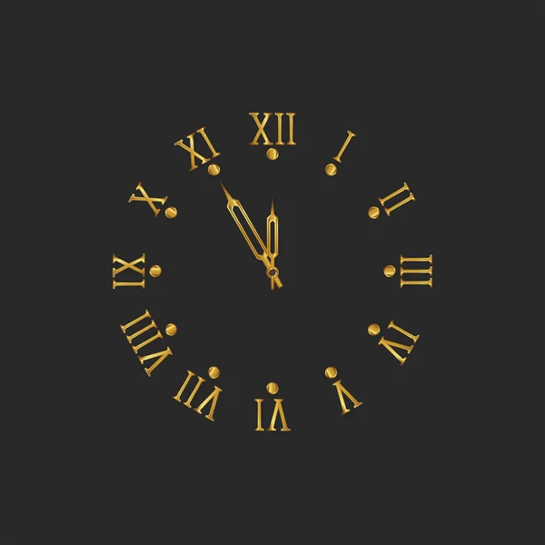 Golden clock dial with roman numerals and arrows showing holiday eve in the old style on a dark background for new year or christmas design of greeting card, poster or flyer — Stock Vector