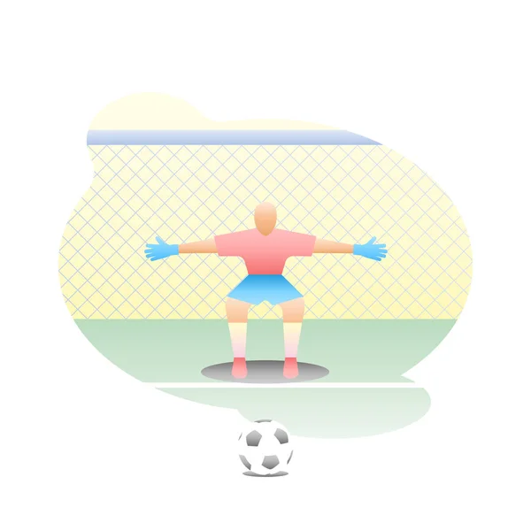 Gardien de but de football se tient au but avec un filet en position demi-assise avec les bras écartés pour frapper le coup de pénalité avec le ballon. Illustration sportive en demi-teinte . — Image vectorielle