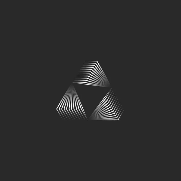 Triangel logotyp kreativ 3D-portal form svart och vit metallisk lutning tunna linjer, futuristiska triangulära geometriska oändlig form modern minimal stil — Stock vektor
