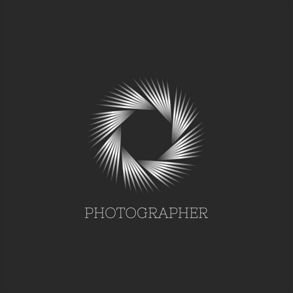 Photo studio or photographer logo abstract endless aperture symbol of the camera lens, linear design of thin lines modern metal gradient