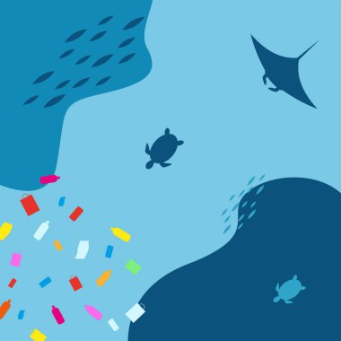 Plastik atık konseptiyle dünya okyanusu kirliliği, ekolojik karikatür çizimi