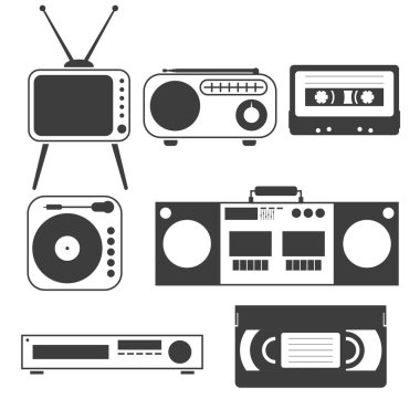 Set of black and white objects of old home appliances of the 80s and 90s in a flat style tape, cassette recorder, VCR, videotapes, radio, turntable, analog TV