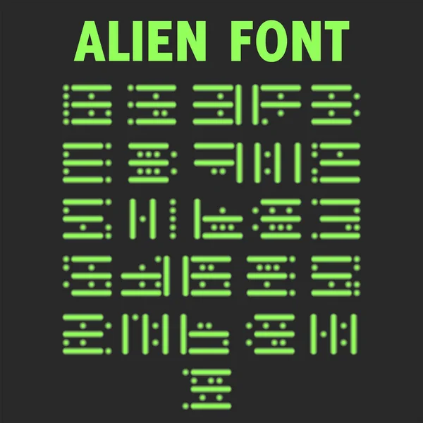 Conjunto de letras de color verde brillante para mostrar el panel informativo de un lenguaje jeroglífico de juegos de ordenador de alienígenas — Vector de stock