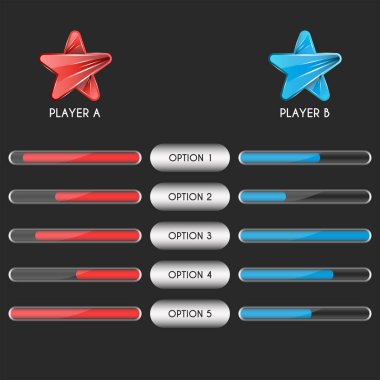 Bir spor takımının iki oyuncusunun karşılaştırma masası ya da ilerleme çubukları olan bir bilgisayar oyunu için esport oyuncuları. Grafik tasarım şablonunu karşılaştır