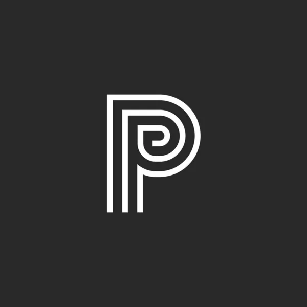 Logo monogramma P maiuscola, marchio tipografico creativo in stile minimalista, linee parallele bianche e nere emblema lineare — Vettoriale Stock