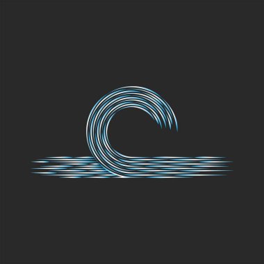 Siyah zemin üzerinde deniz dalgası logosu ince çizgiler tasarım elementi, mavi ve beyaz doğrusal grafikler, dalga arması moda baskısı t-shirtler veya giysiler için